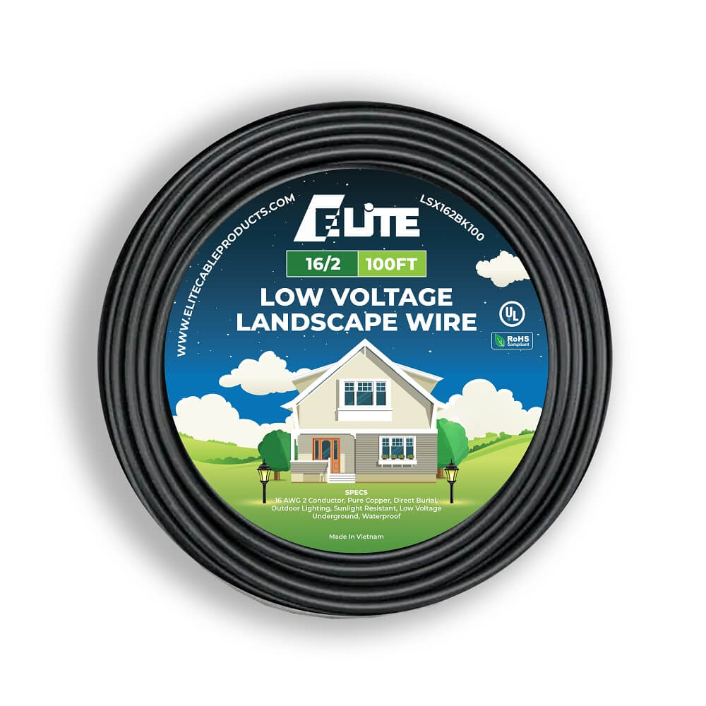 Elite Cable product. 100-foot spool of 16/2 low voltage landscape wire with a house illustration on the label promoting pure copper quality, outdoor lightning, sunlight resistant, and waterproof.