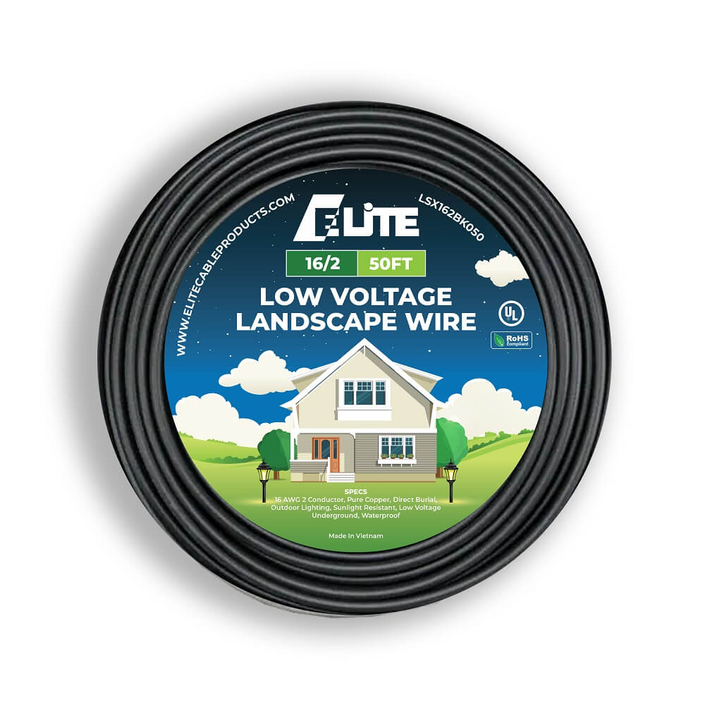 Elite Cable product. 50-foot spool of 16/2 low voltage landscape wire with a house illustration on the label promoting pure copper quality, outdoor lightning, sunlight resistant, and waterproof.