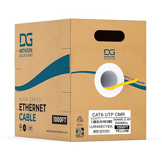 Box of DG Network Solutions high-speed Ethernet cable in yellow, 1000 feet long, CAT6 UTP CMR, 24AWG x 4P, and 600MHz.