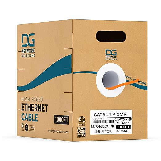 Box of DG Network Solutions high-speed Ethernet cable in orange, 1000 feet long, CAT6 UTP CMR, 24AWG x 4P, and 600MHz.