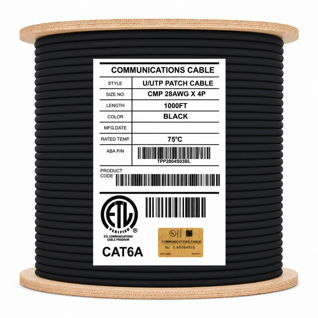 cat6a stranded plenum 28awg unshielded black 1000ft