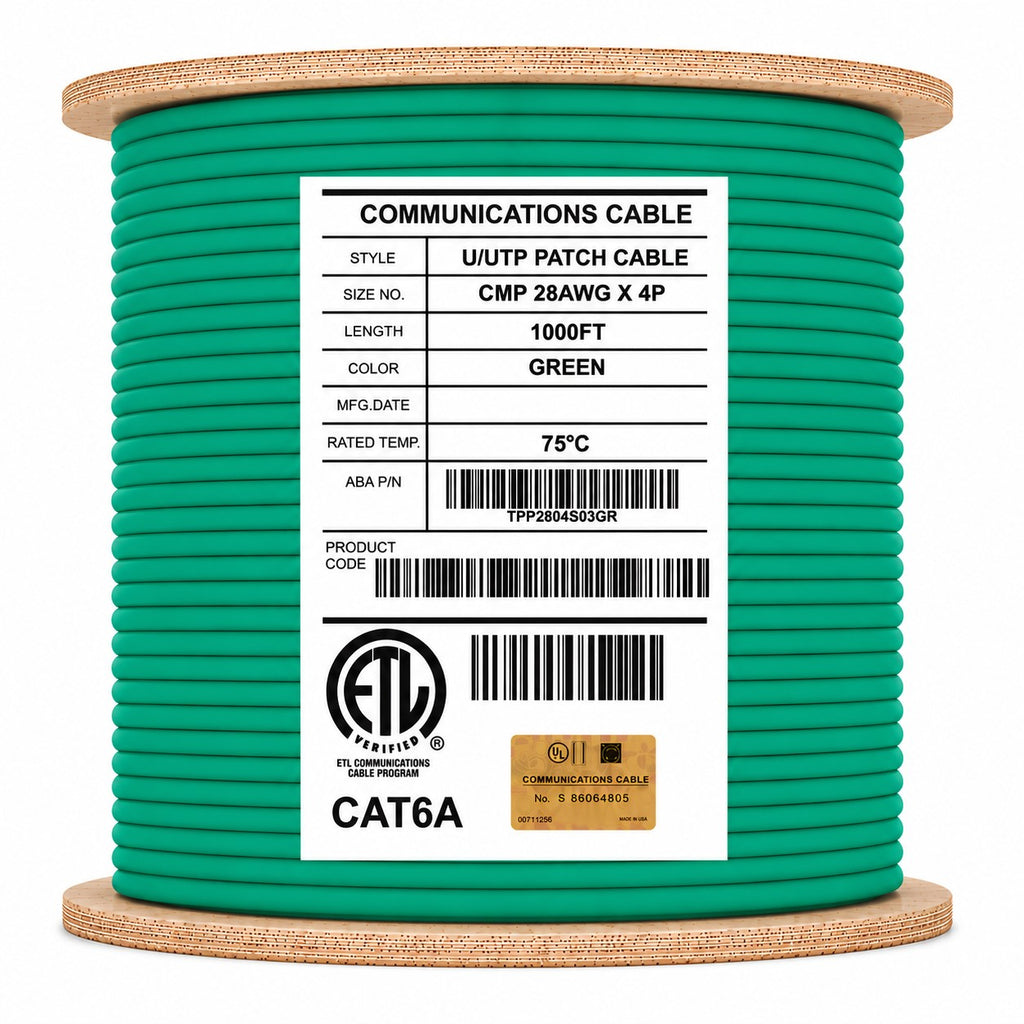 cat6a stranded plenum 28awg unshielded green 1000ft