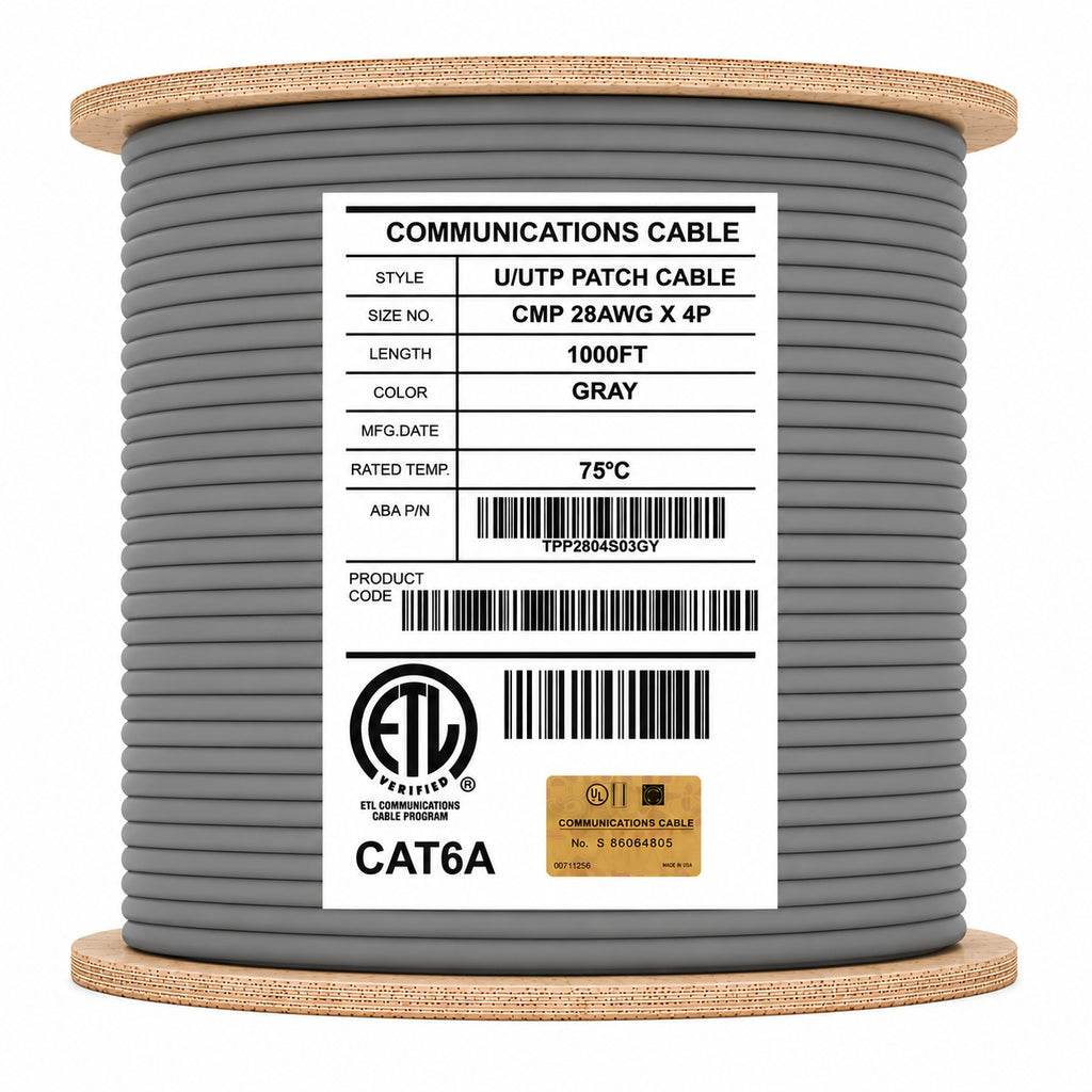 cat6a stranded plenum 28awg unshielded grey 1000ft