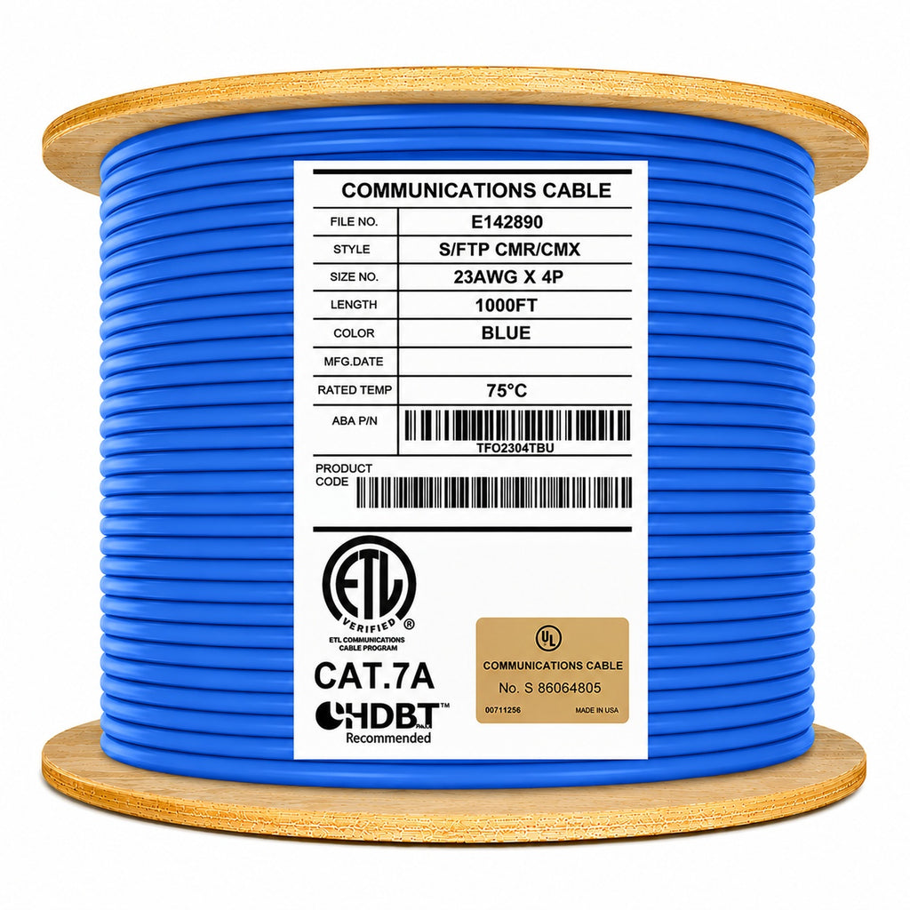 Cat7A Shielded Indoor/Outdoor CMX Outdoor-CMR Cable – 10Gb, 23AWG, 1000MHz, S/FTP, Solid, Bulk Networking Cable