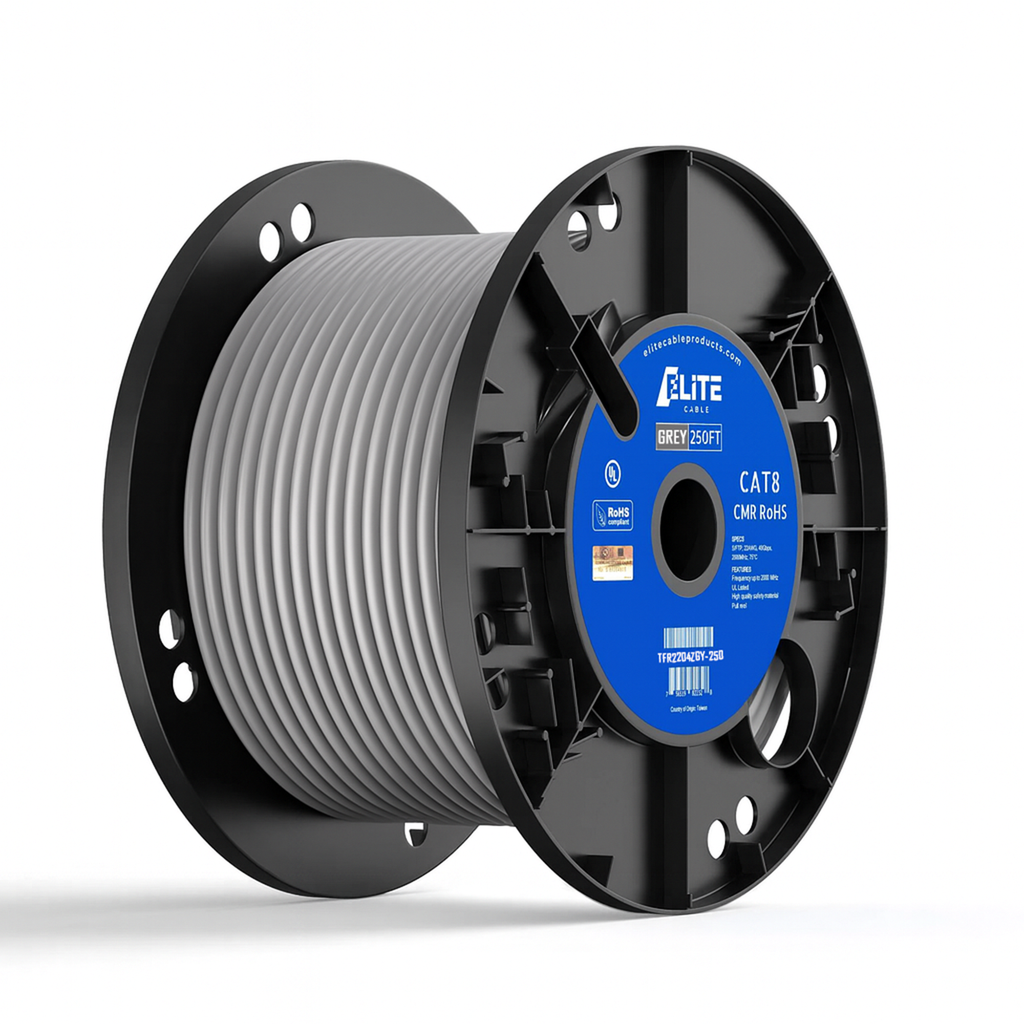 Cat8 riser cable in grey for 250 feet long.