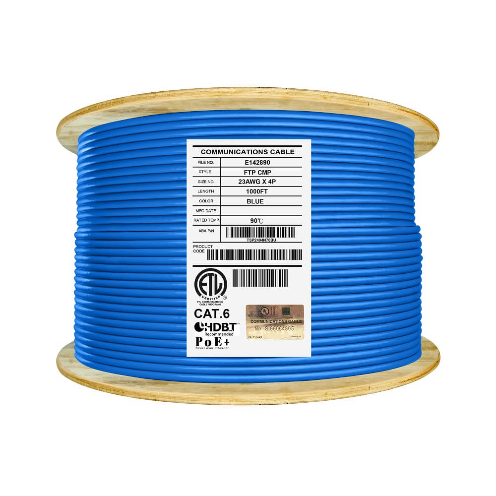 Infinity Cable Cat6 Shielded Solid Plenum FTP 100% Pure Copper, 1000Ft. Bulk Cable Reel, Blue