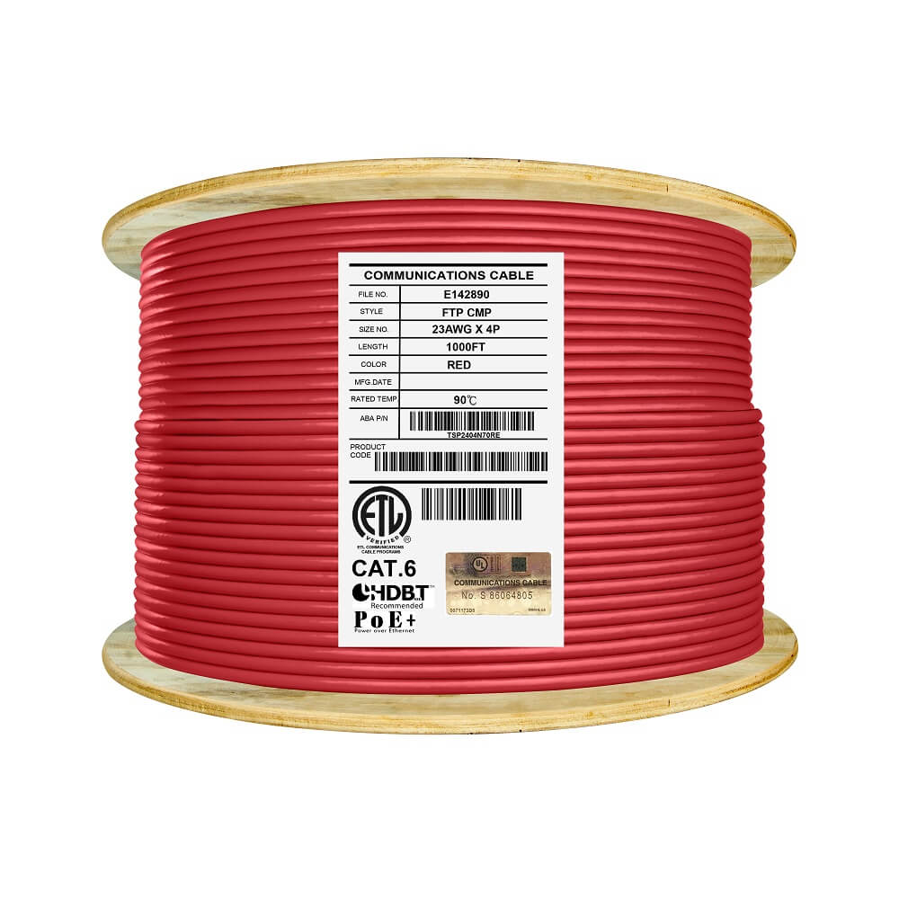 Infinity Cable Cat6 Shielded Solid Plenum FTP 100% Pure Copper, 1000Ft. Bulk Cable Reel, Red