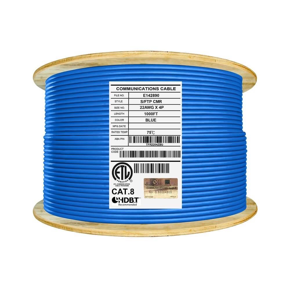 Elite Cable Cat8 Shielded Solid Riser S/FTP 100% Pure Copper, 1000Ft. Bulk Cable Reel, Blue